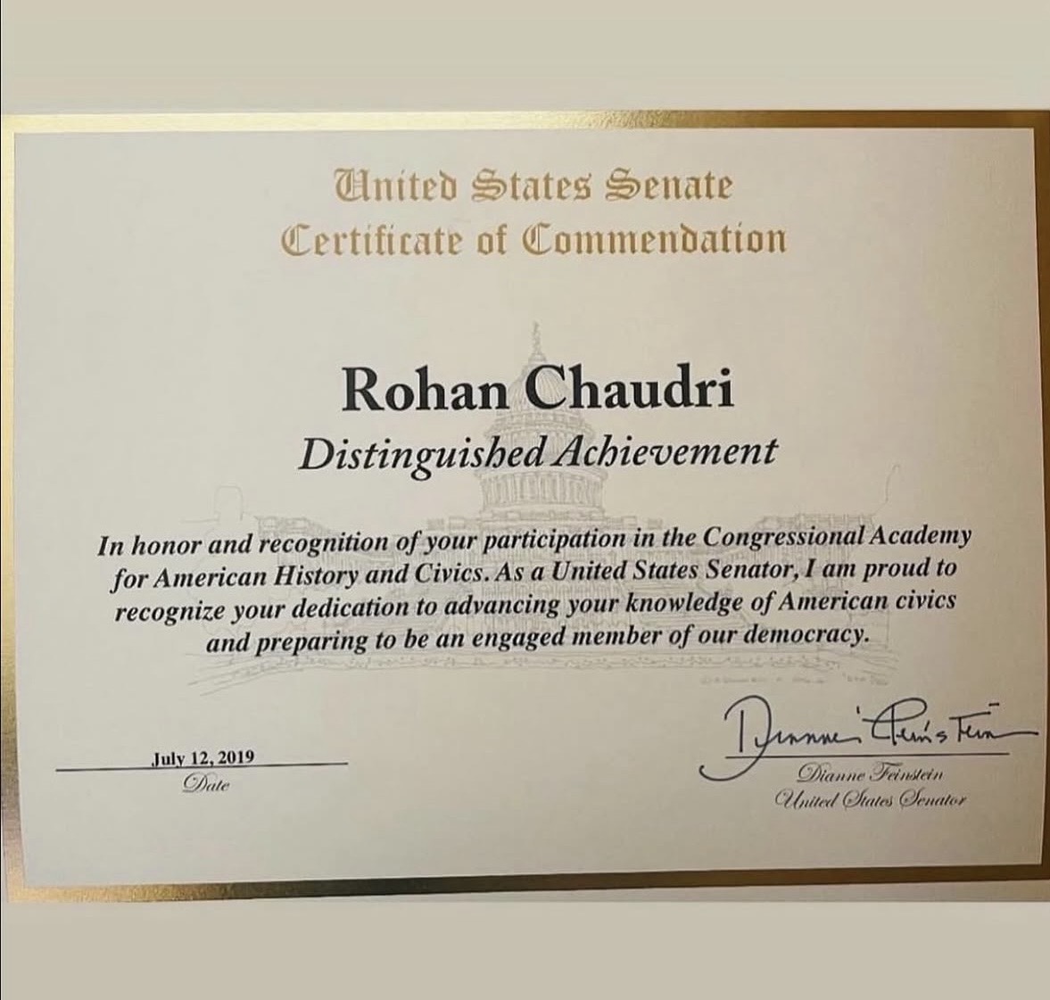 United States Senate Certificate of Commendation awarded to Rohan Chaudri for Distinguished Achievement